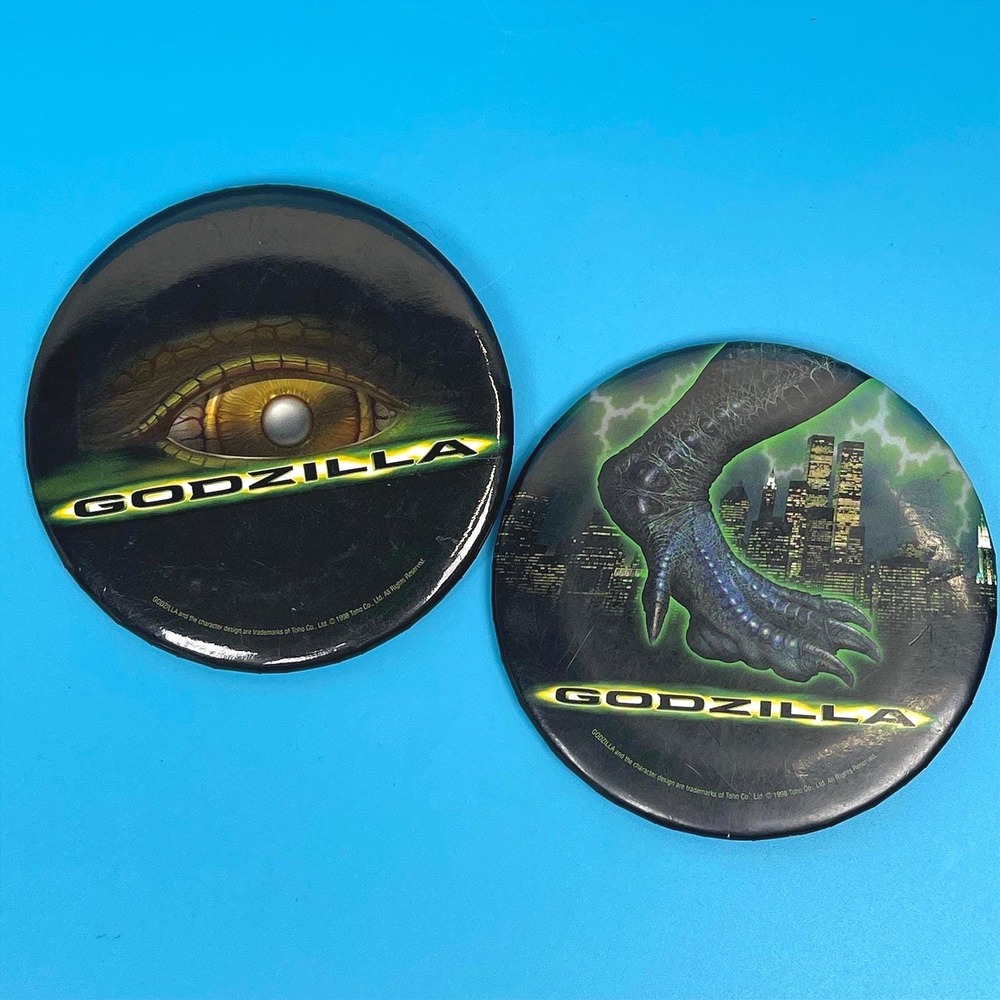 Godzilla 1998 Movie Promo Pinback Buttons Set of 2 Black Vintage Kaiju Merch